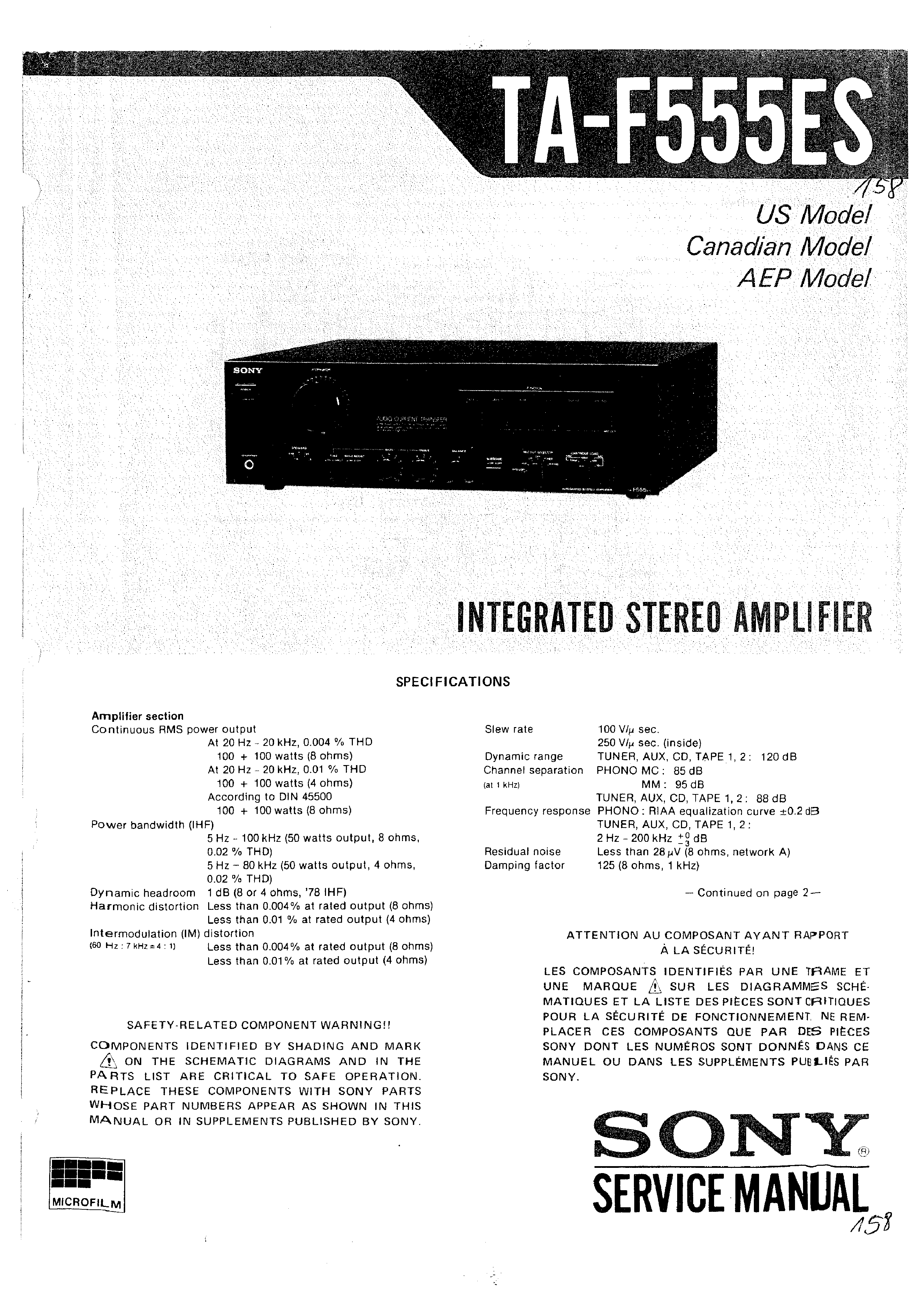 Sony Service Manual~TA-F555ESII Amplifier/AMP~Original~Repair 