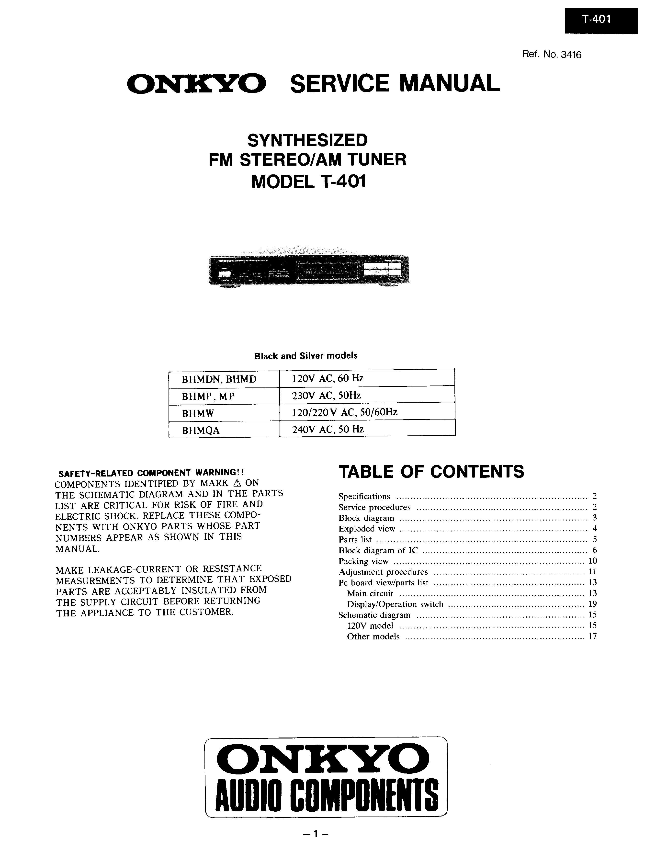 onkyo t-401 owner's manual