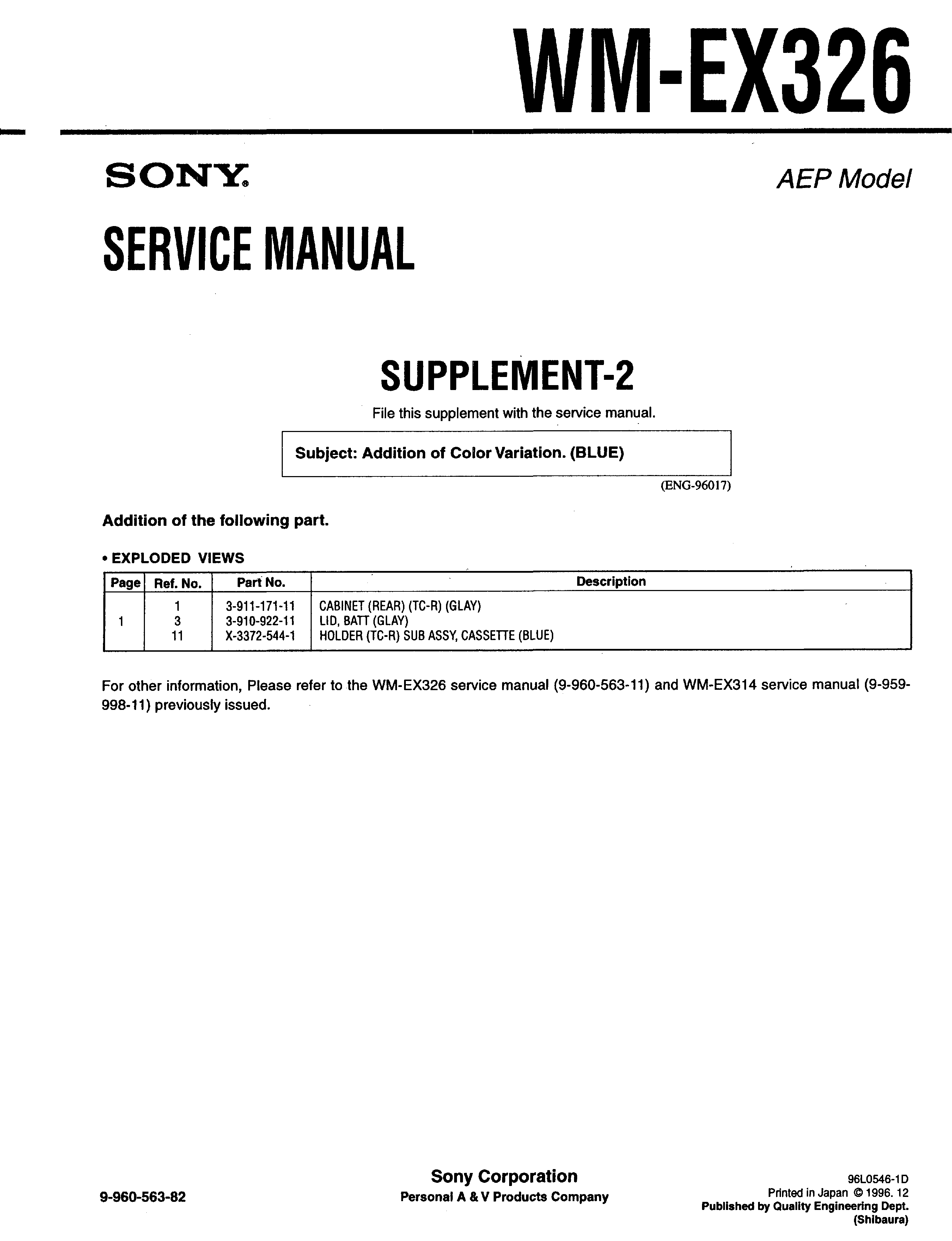 Sony Wm Ex326 Service Manual Immediate Download