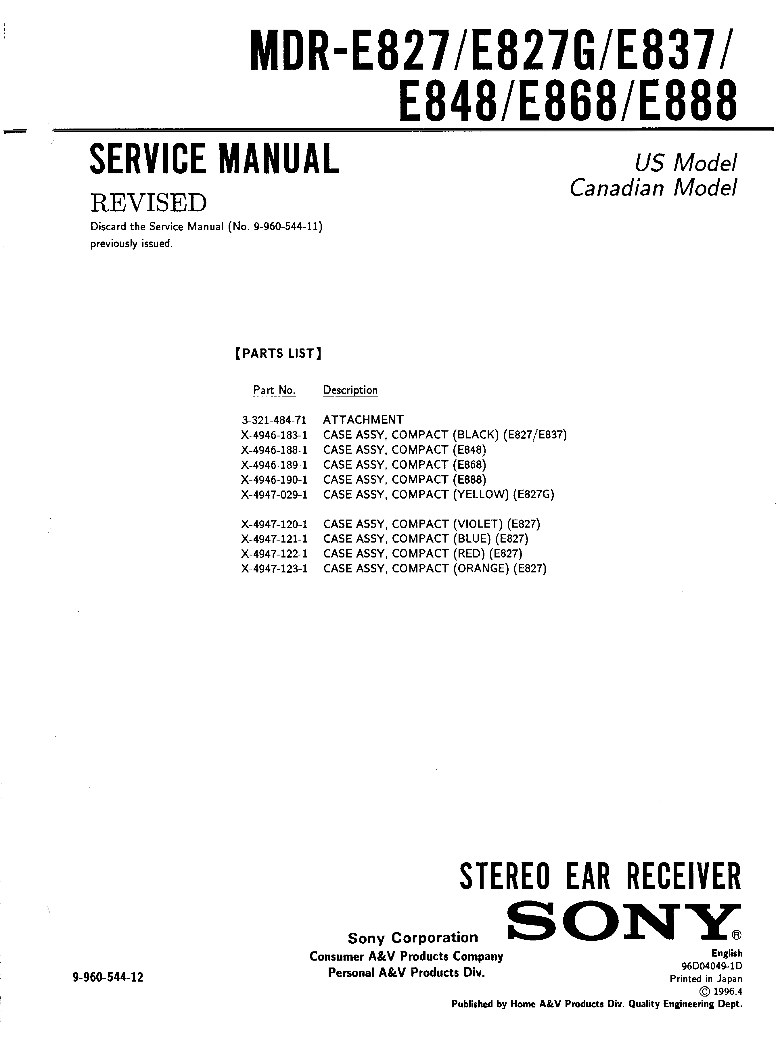 Sony Mdr E7 Service Manual Immediate Download