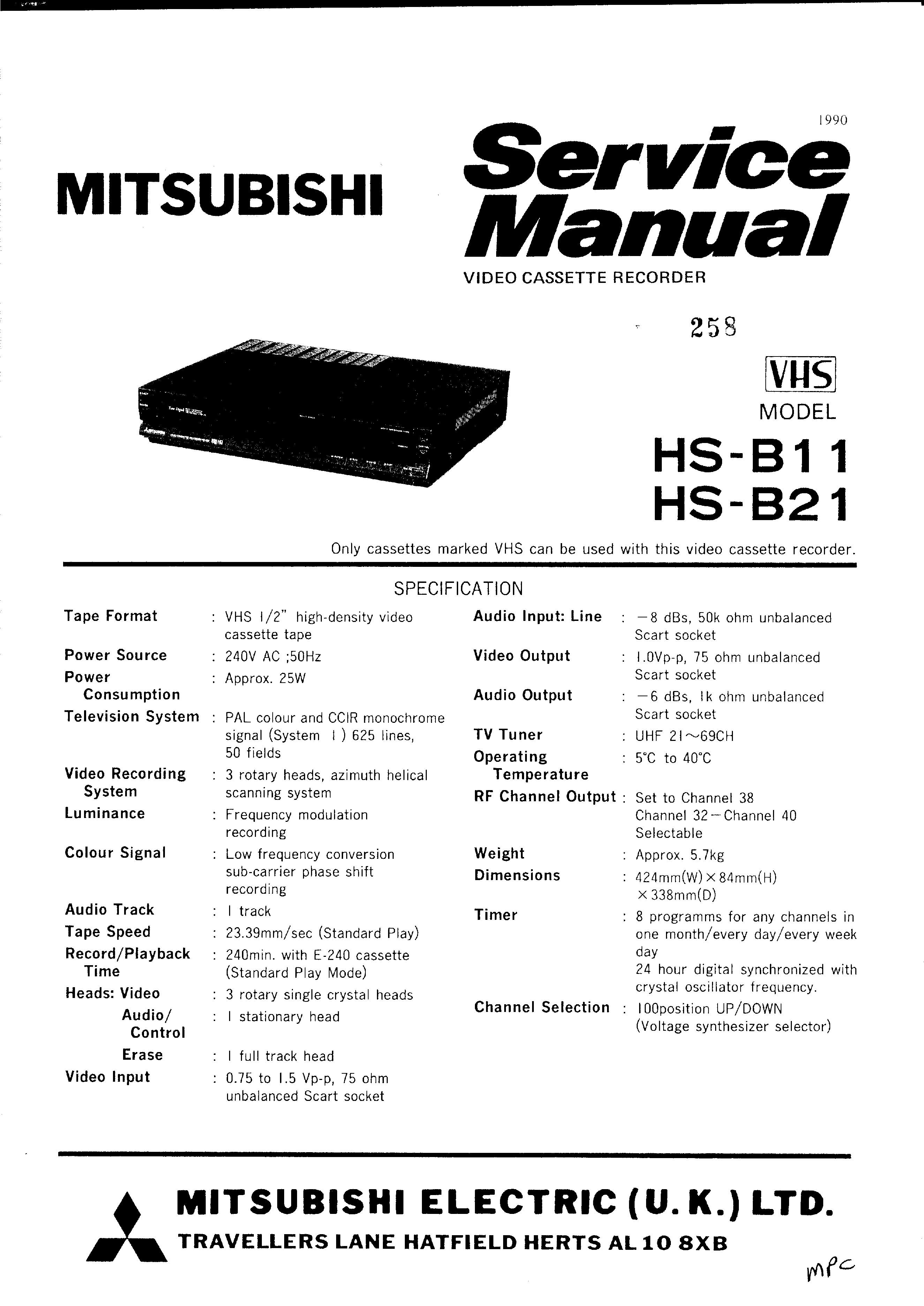 Mitsubishi vcr manual