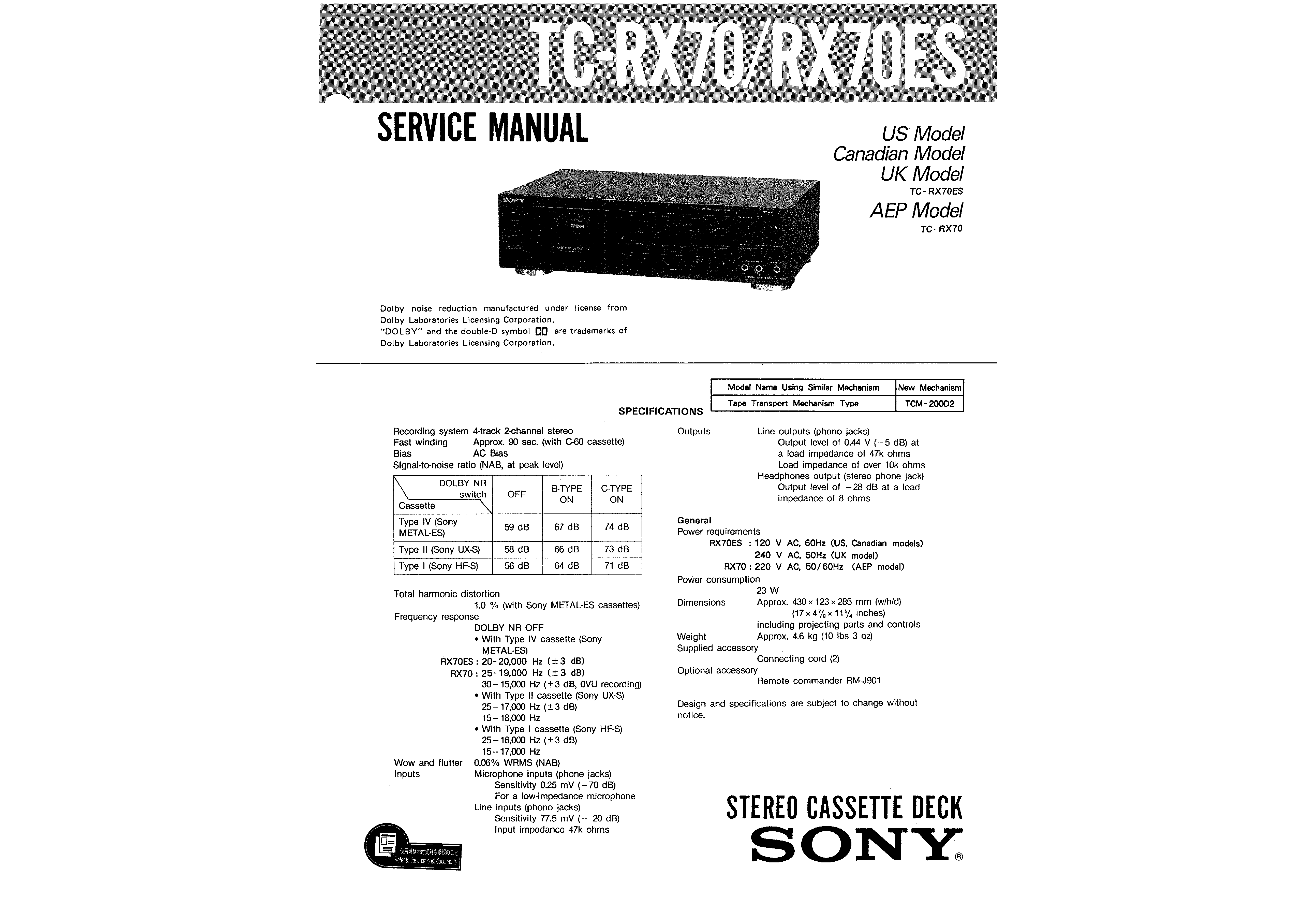 SONY TCRX70 - Service Manual Immediate 