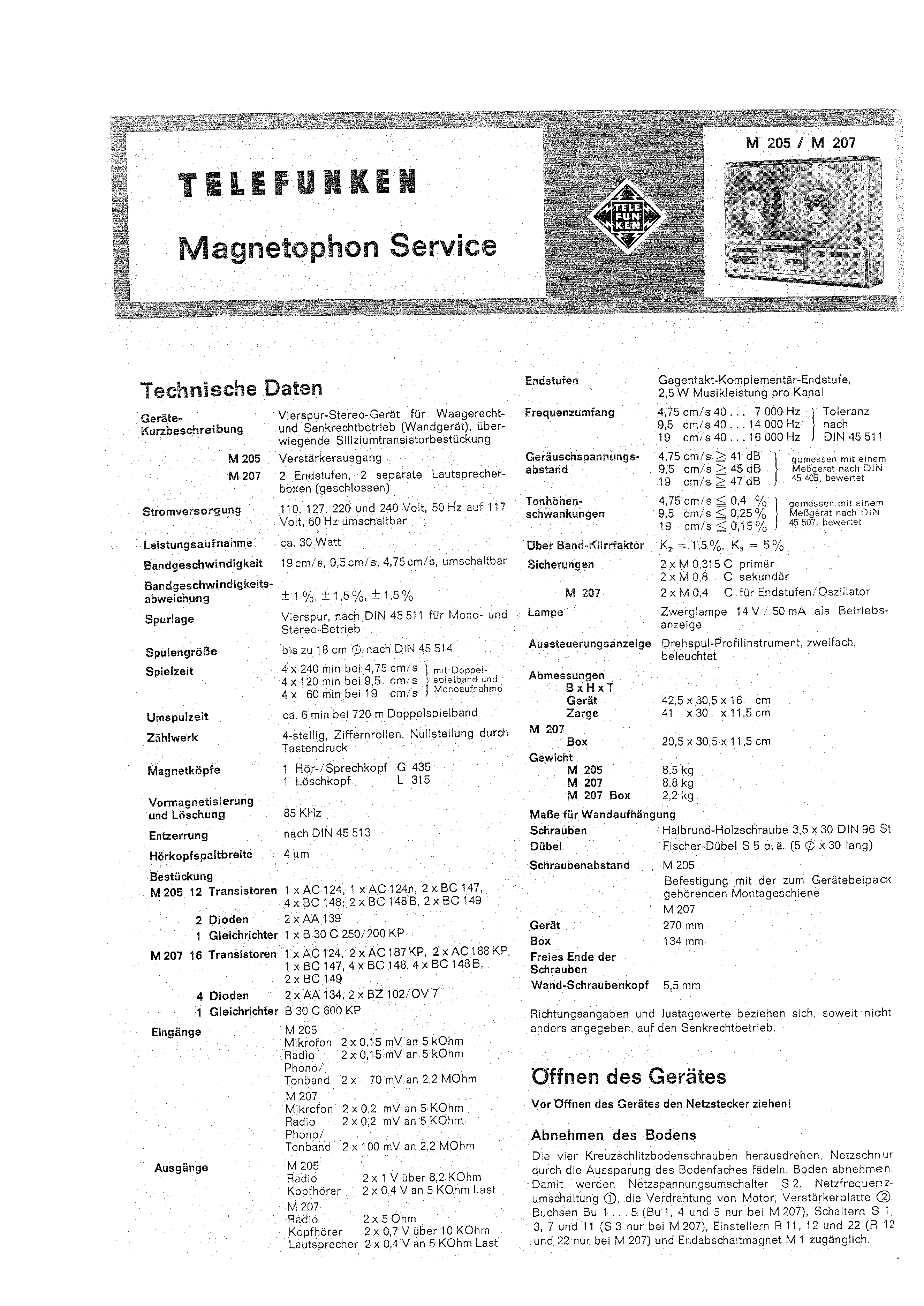 Service Schema für Telefunken Magnetophon 70 