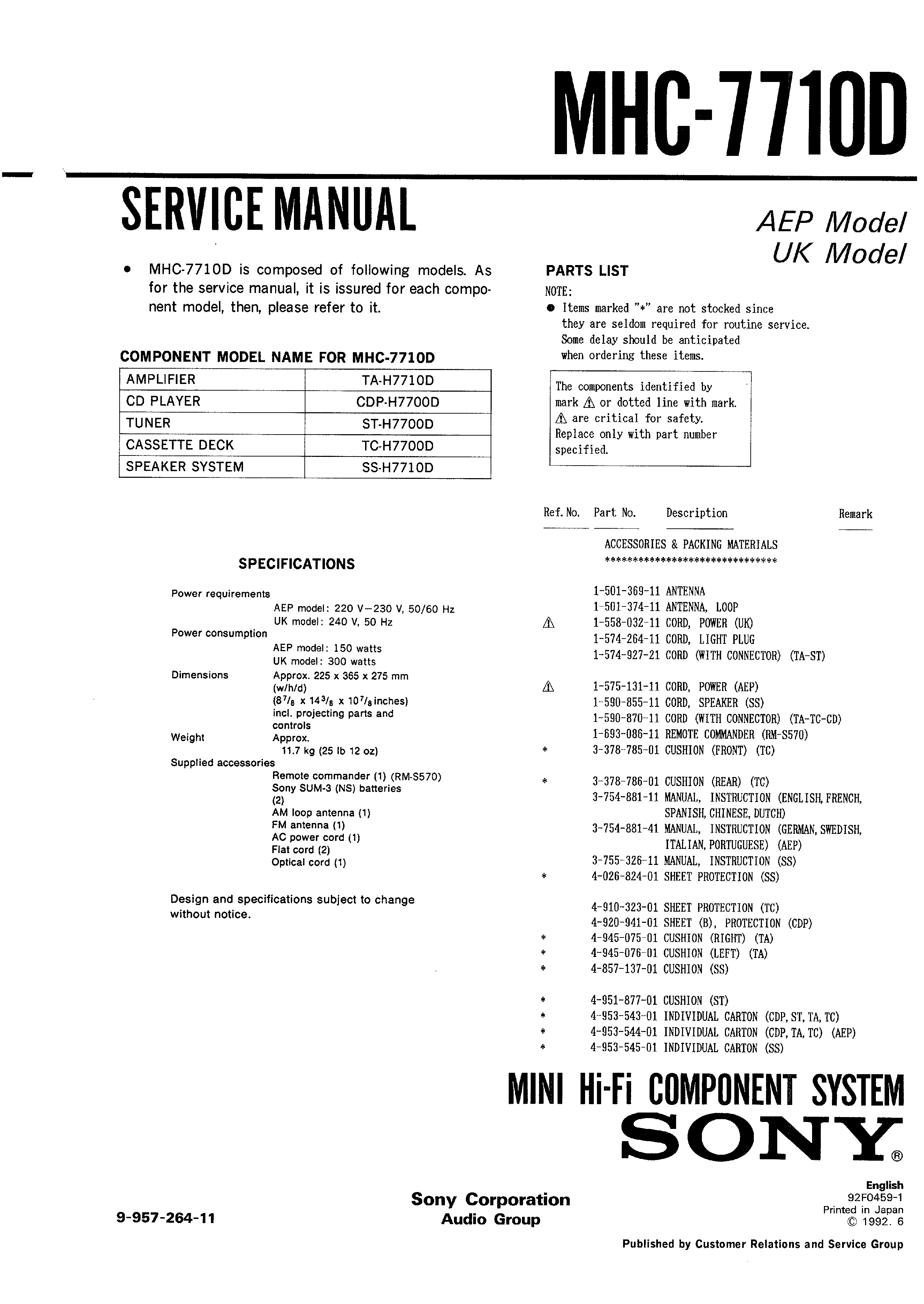 Sony Mhc 7710d Service Manual Immediate Download