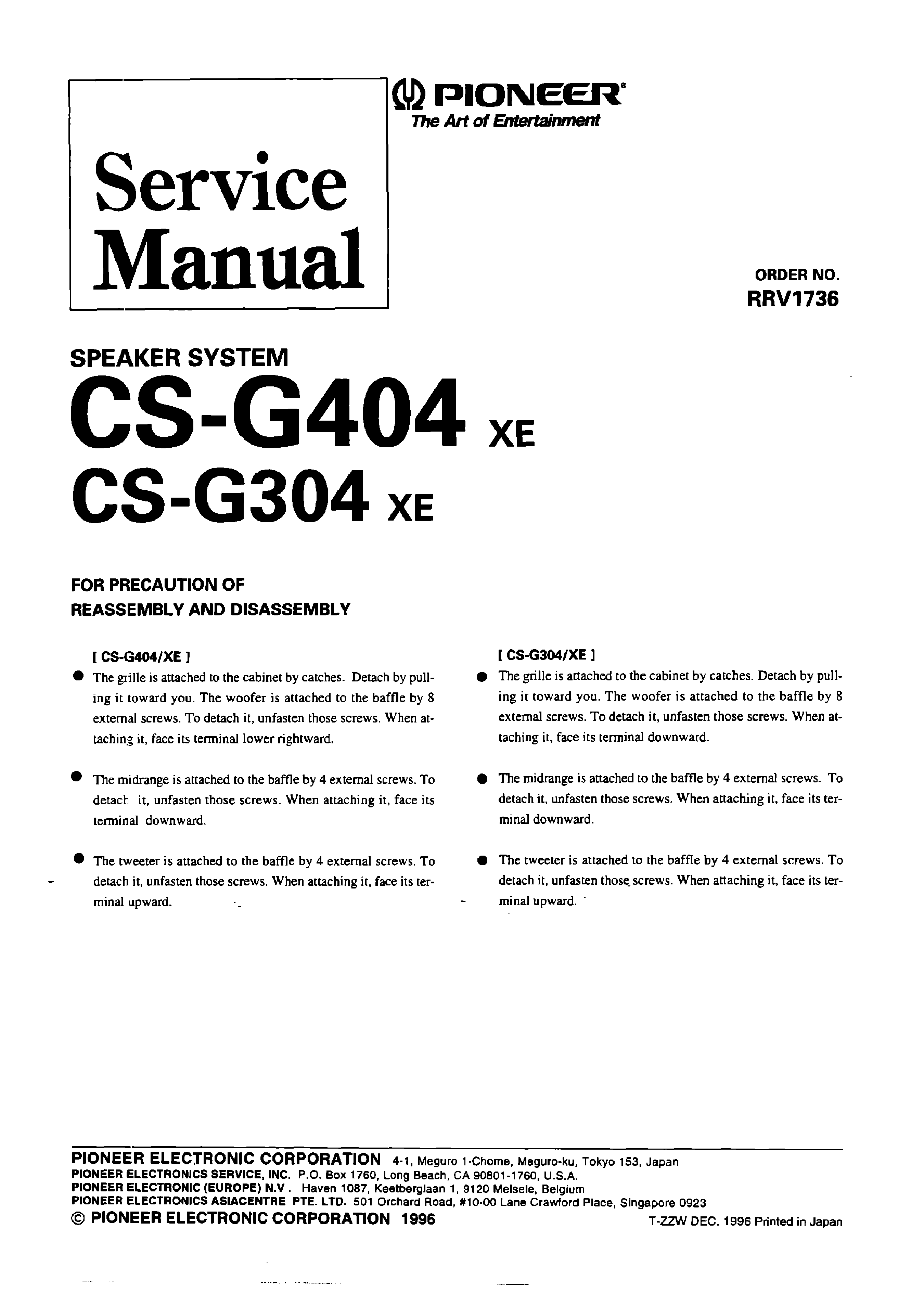Pioneer Csg404 Xe Service Manual Immediate Download