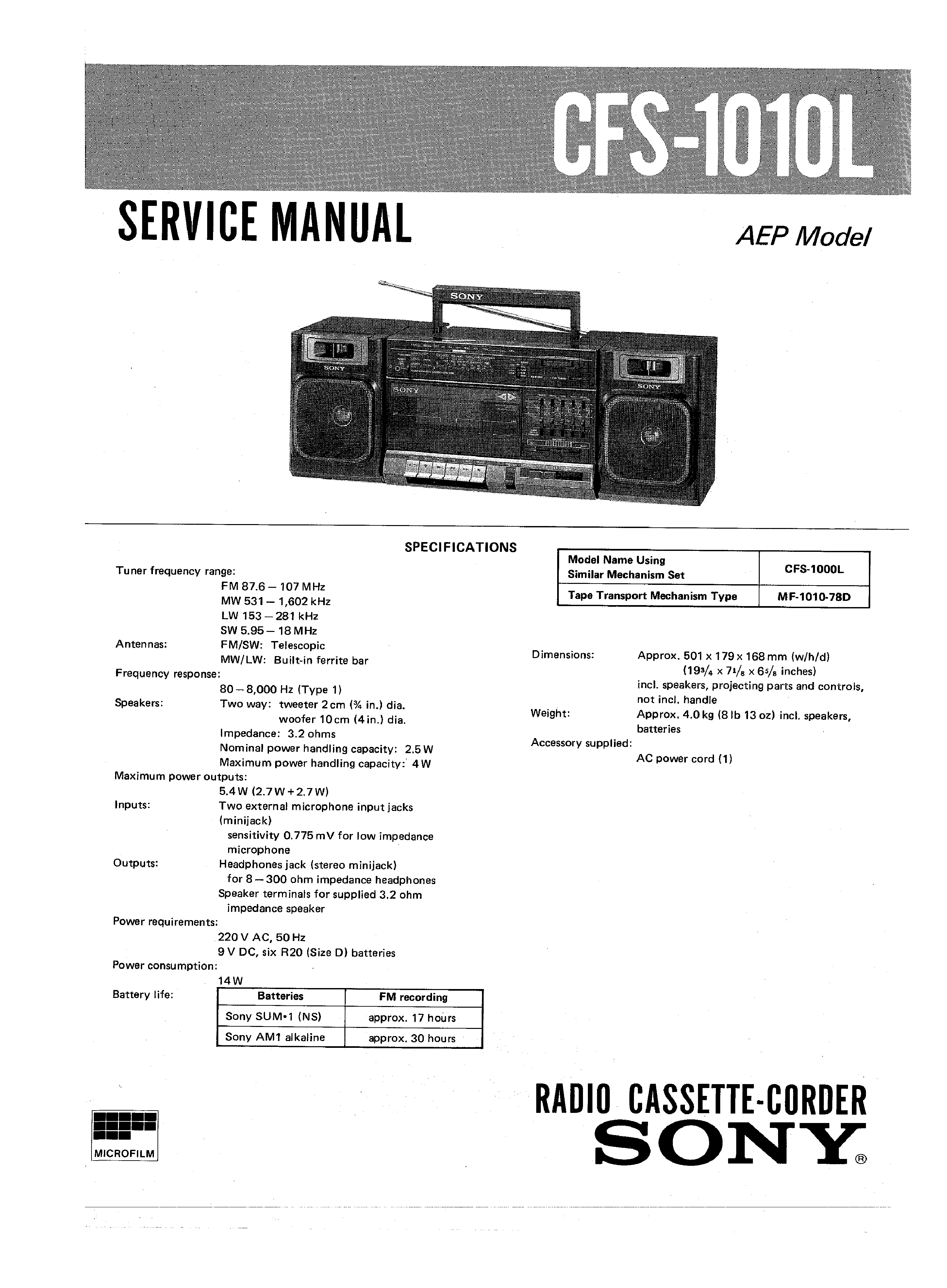 SONY CFS1010L - Service Manual Immediate Download