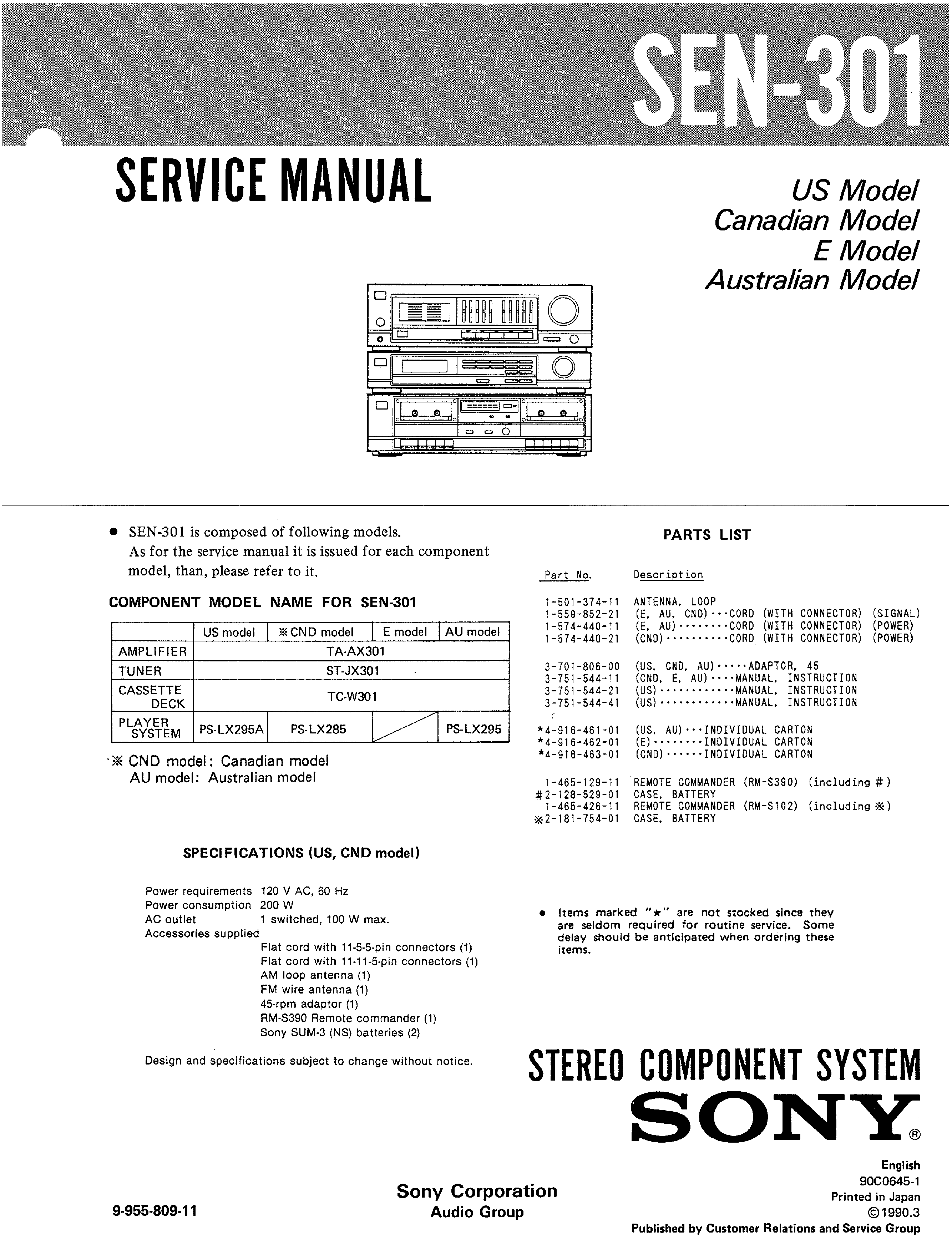 Sony Sen301 Service Manual Immediate Download