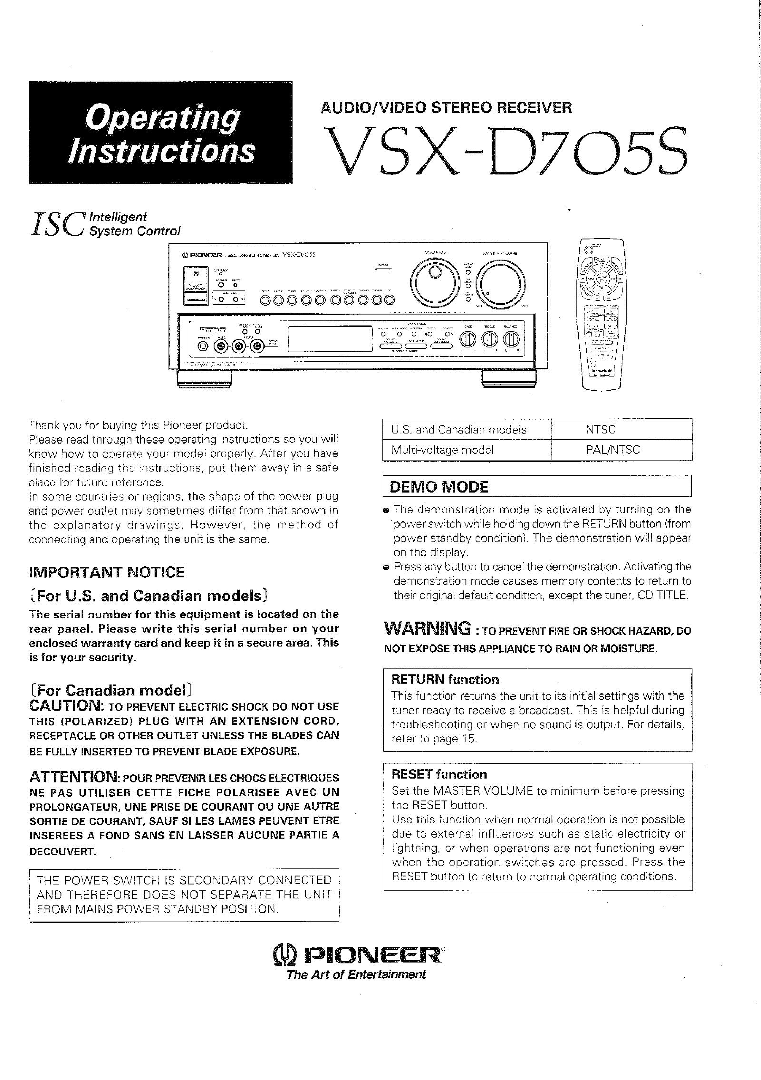 PIONEER VSXD705S - Owner's Manual Immediate Download