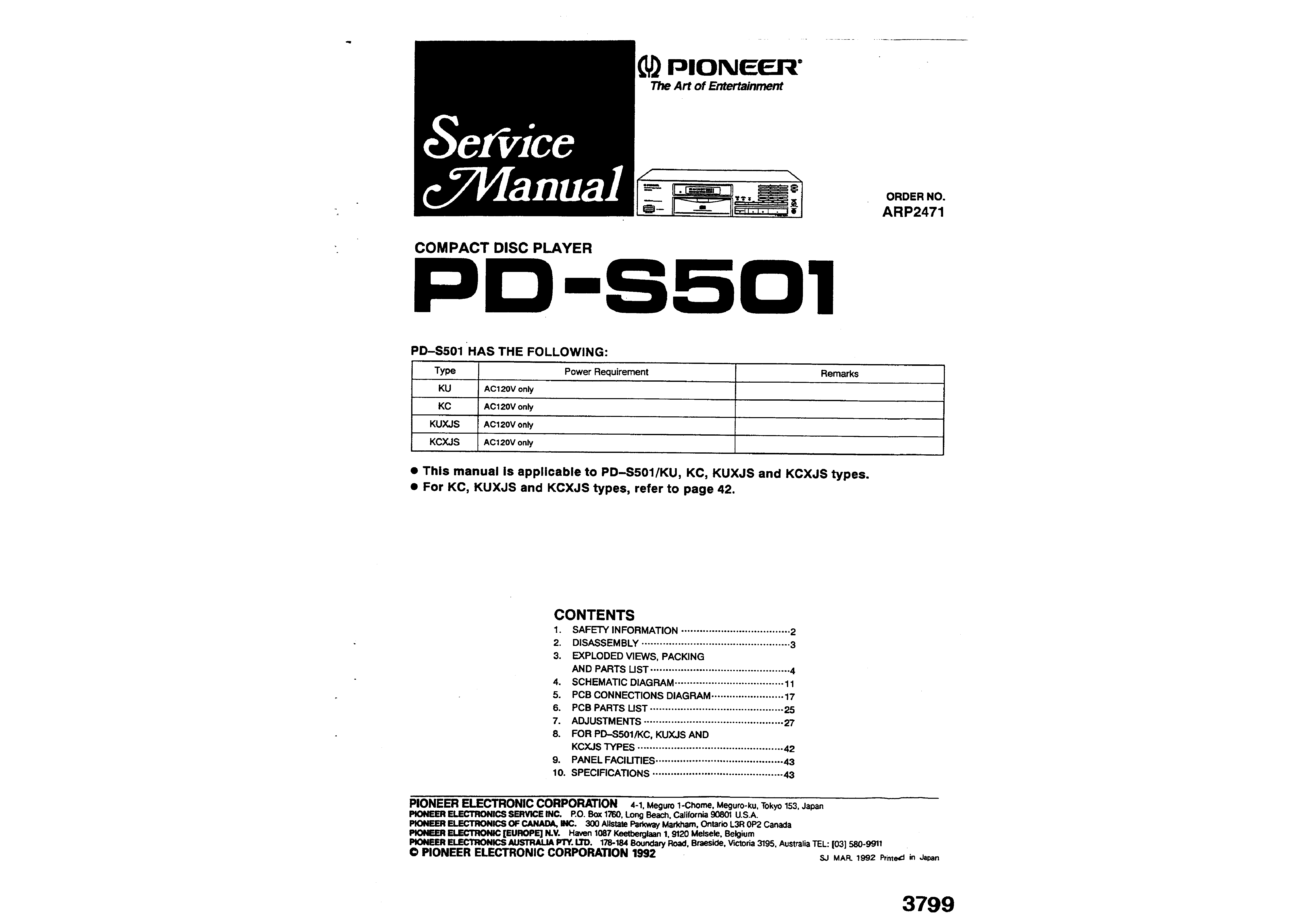 PIONEER PDS501 - Service Manual Immediate Download