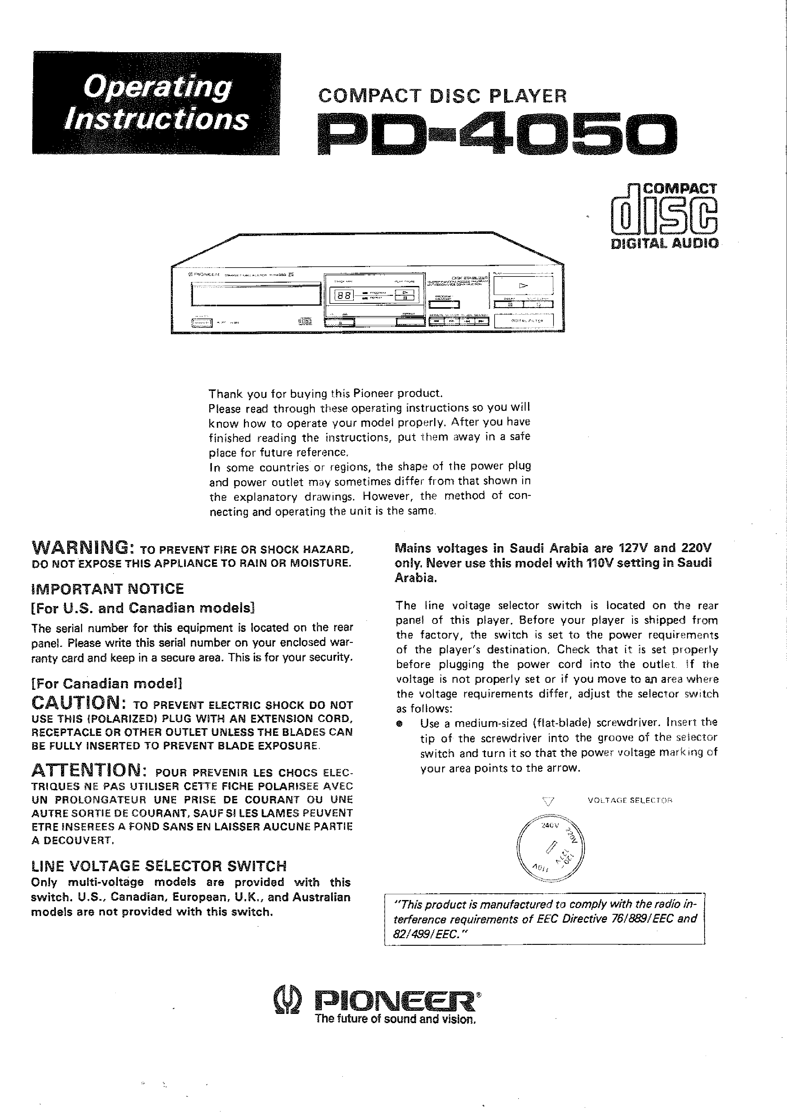 PIONEER PD4050 - Owner's Manual Immediate Download