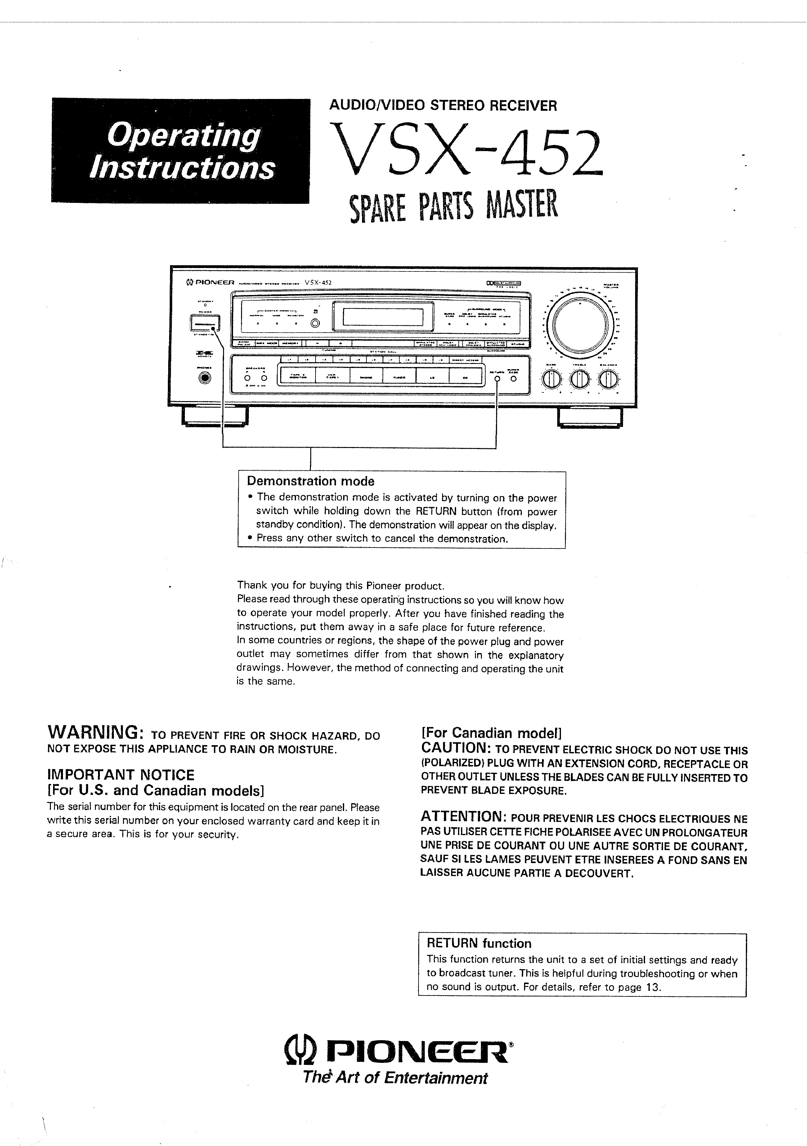 PIONEER VSX-452 - Owner's Manual Immediate Download