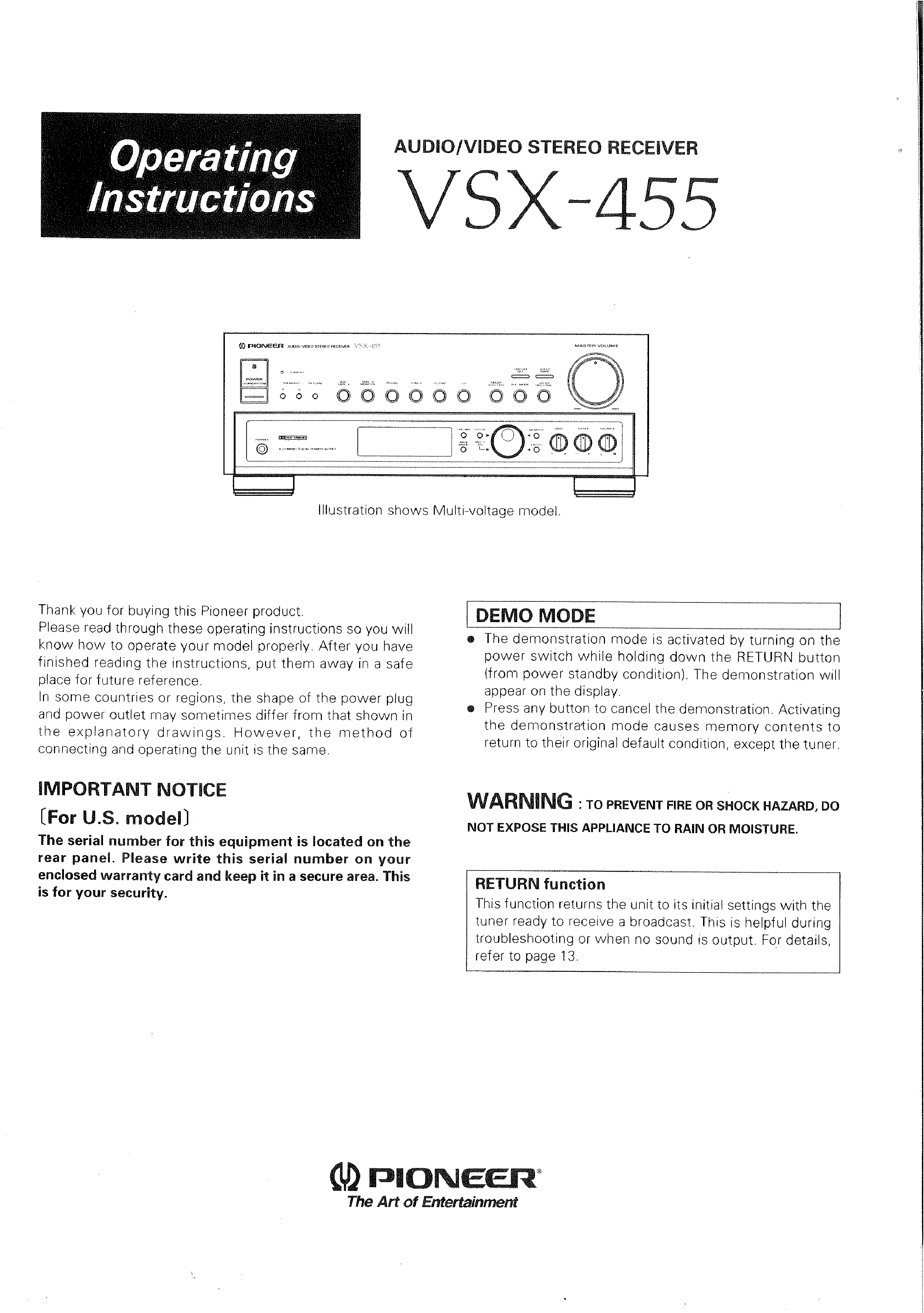PIONEER VSX455 - Owner's Manual Immediate Download