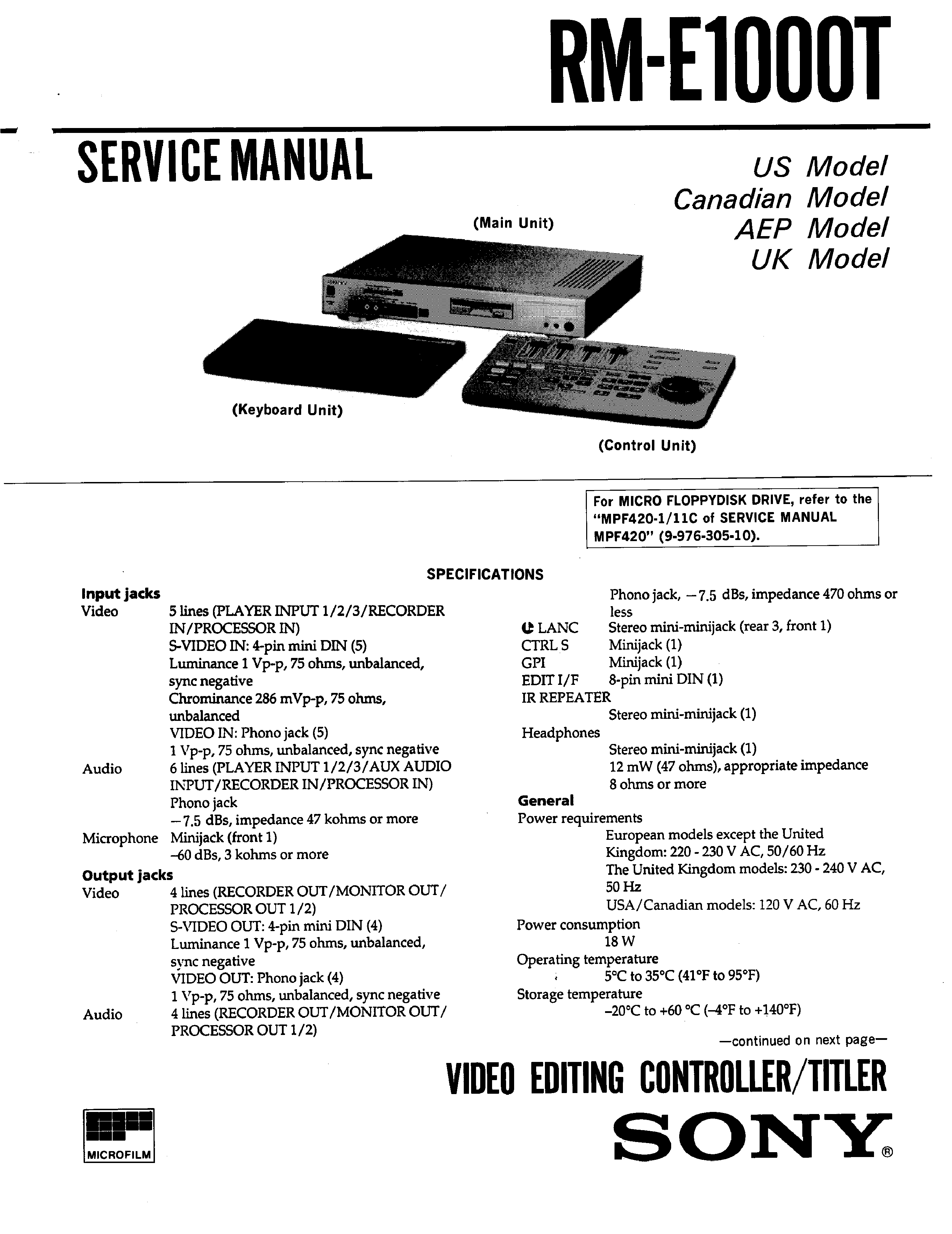 SONY RM-E1000T - Service Manual Immediate Download