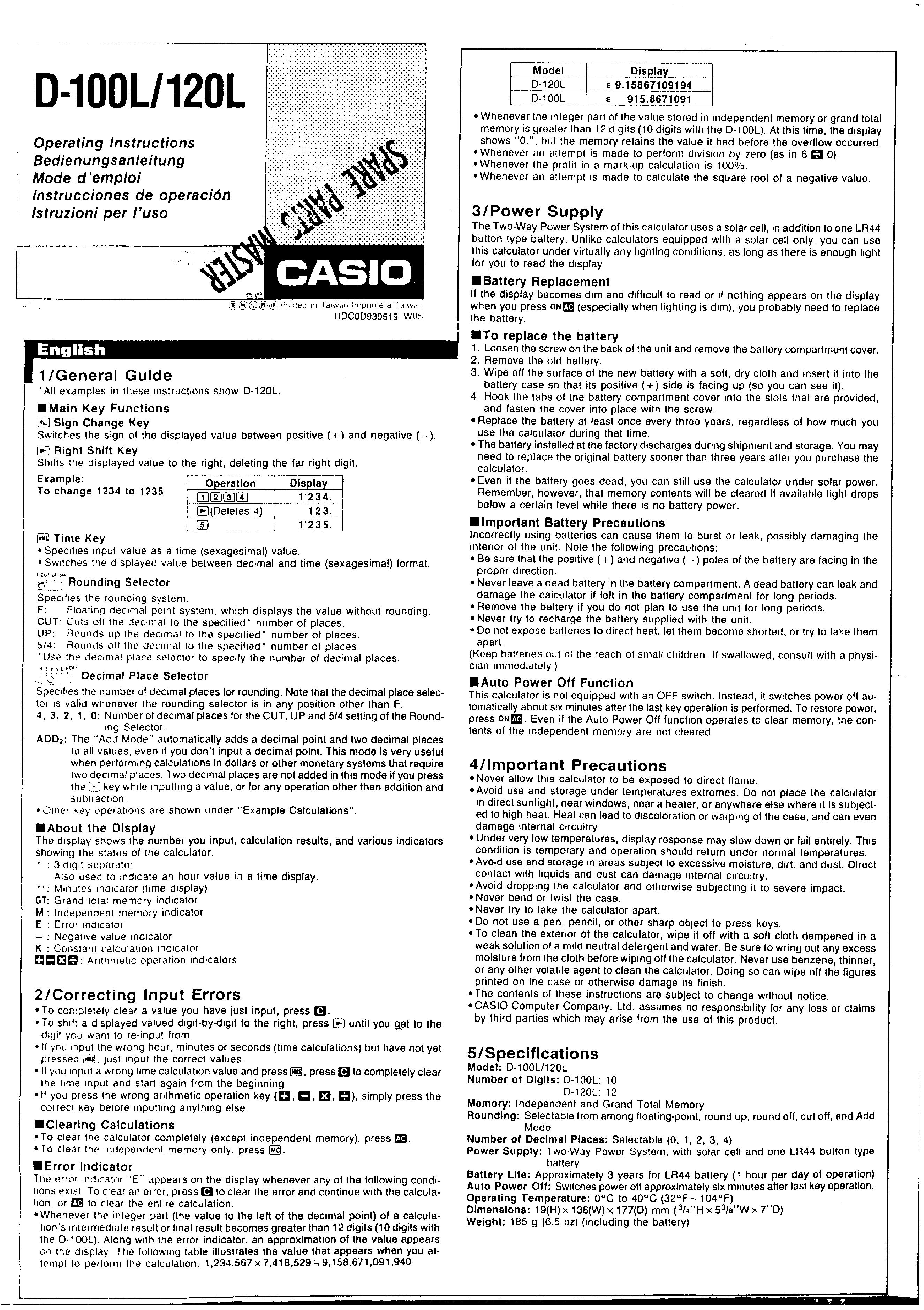 CASIO D-120L - Owner's Manual Immediate Download