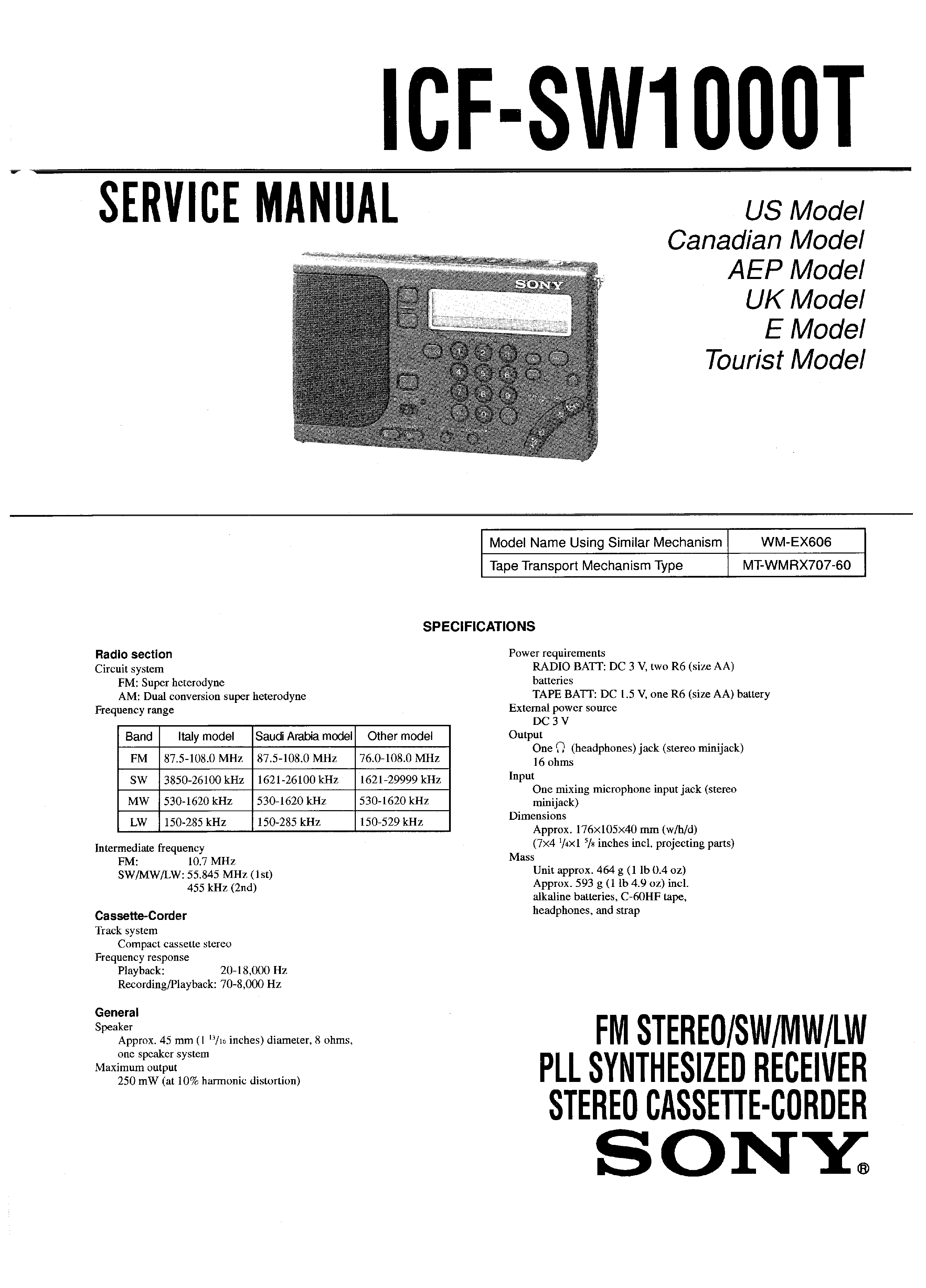 Sony Icf-Sw100 Operating Instructions