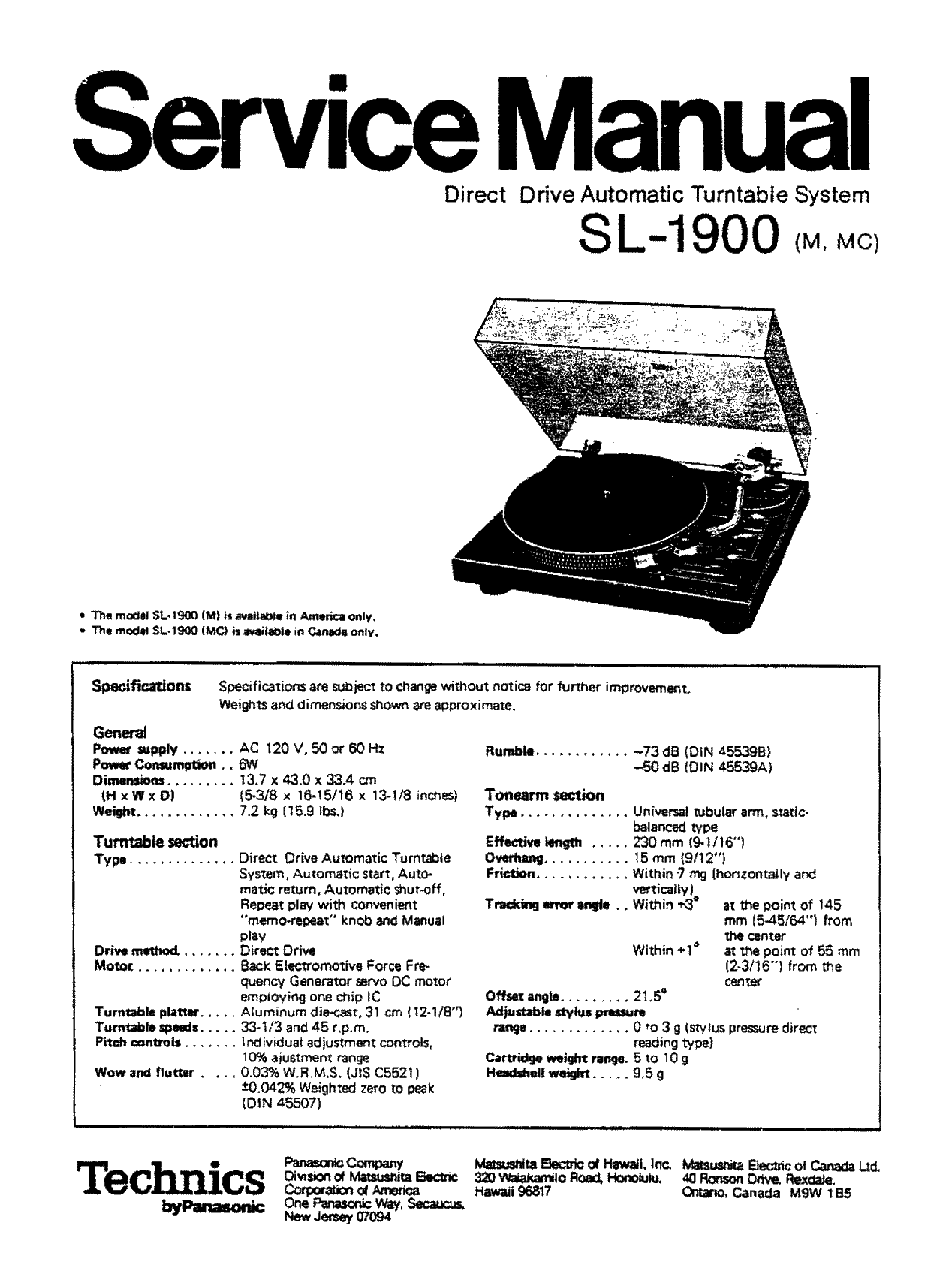TECHNICS SL-1900 - Service Manual Immediate Download